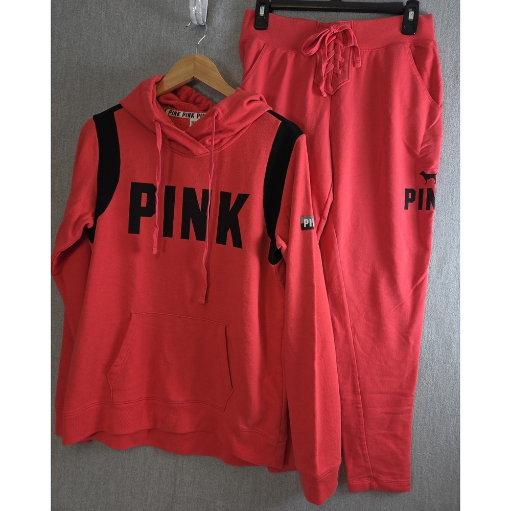 Victorias Secret PINK Sweatsuit Set S Retro Y2K Coral Pink Big Logo Hoodie Pants